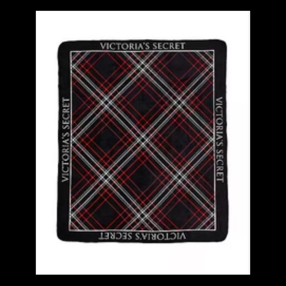 Victoria's Secret Cozy Plush Fleece Blanket in a black red white plaid pattern